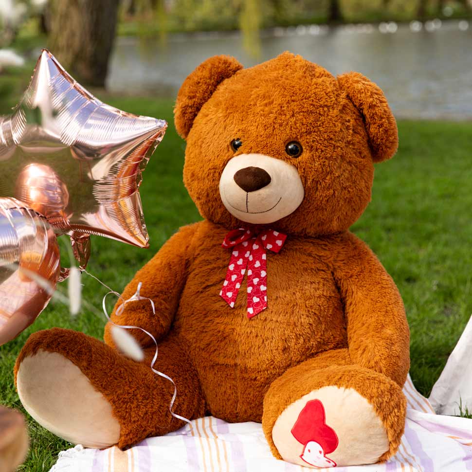 big teddybear xxl at babyshower picnic in park with balloons
