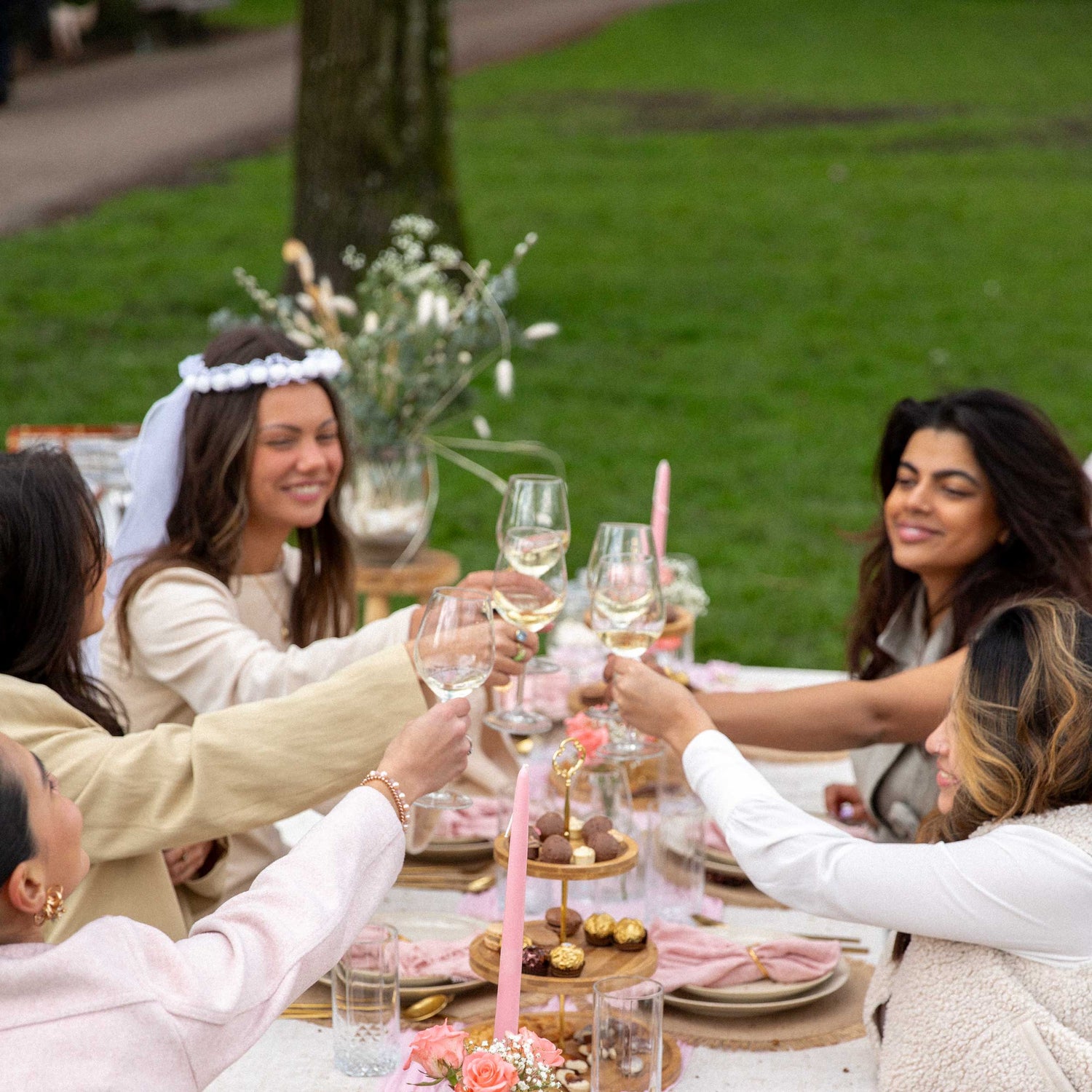 bachelorette picnic in park, cheers with wine