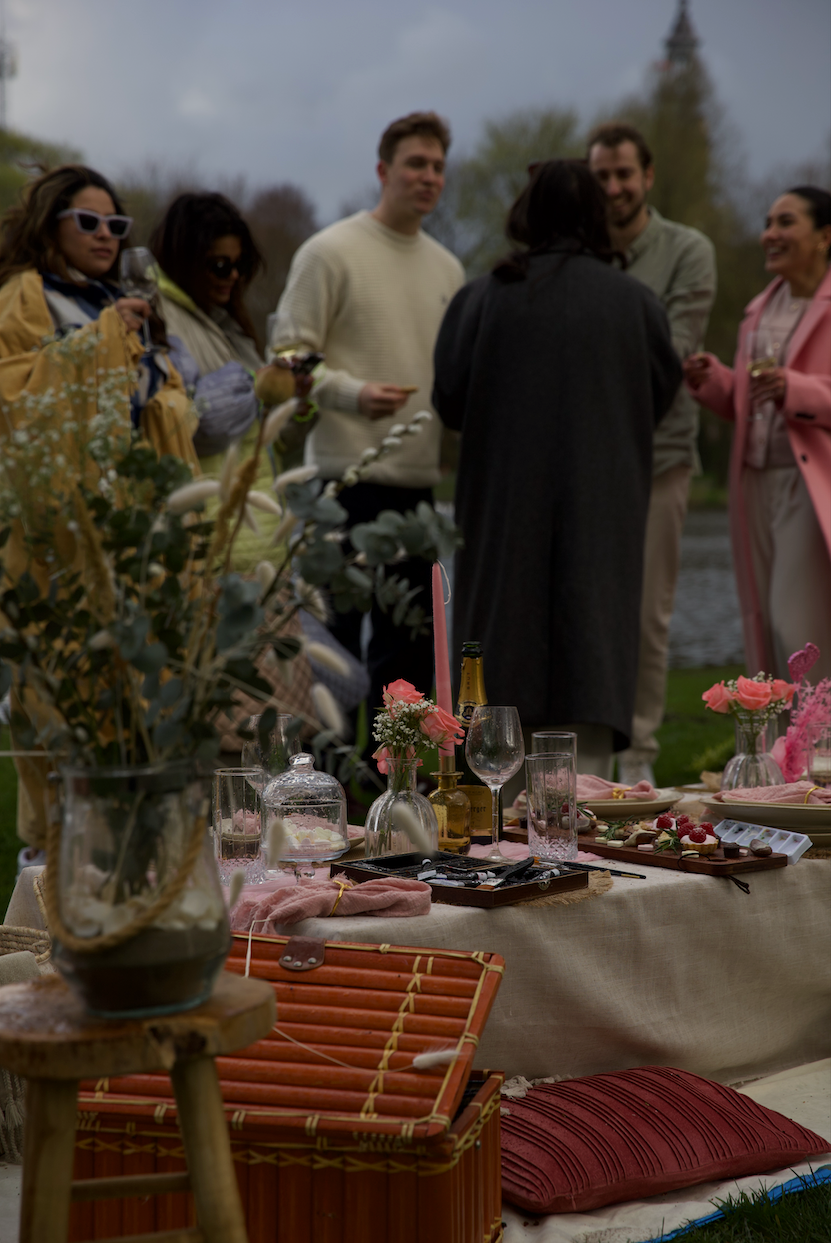People cheering and chatting at company outing picnic
