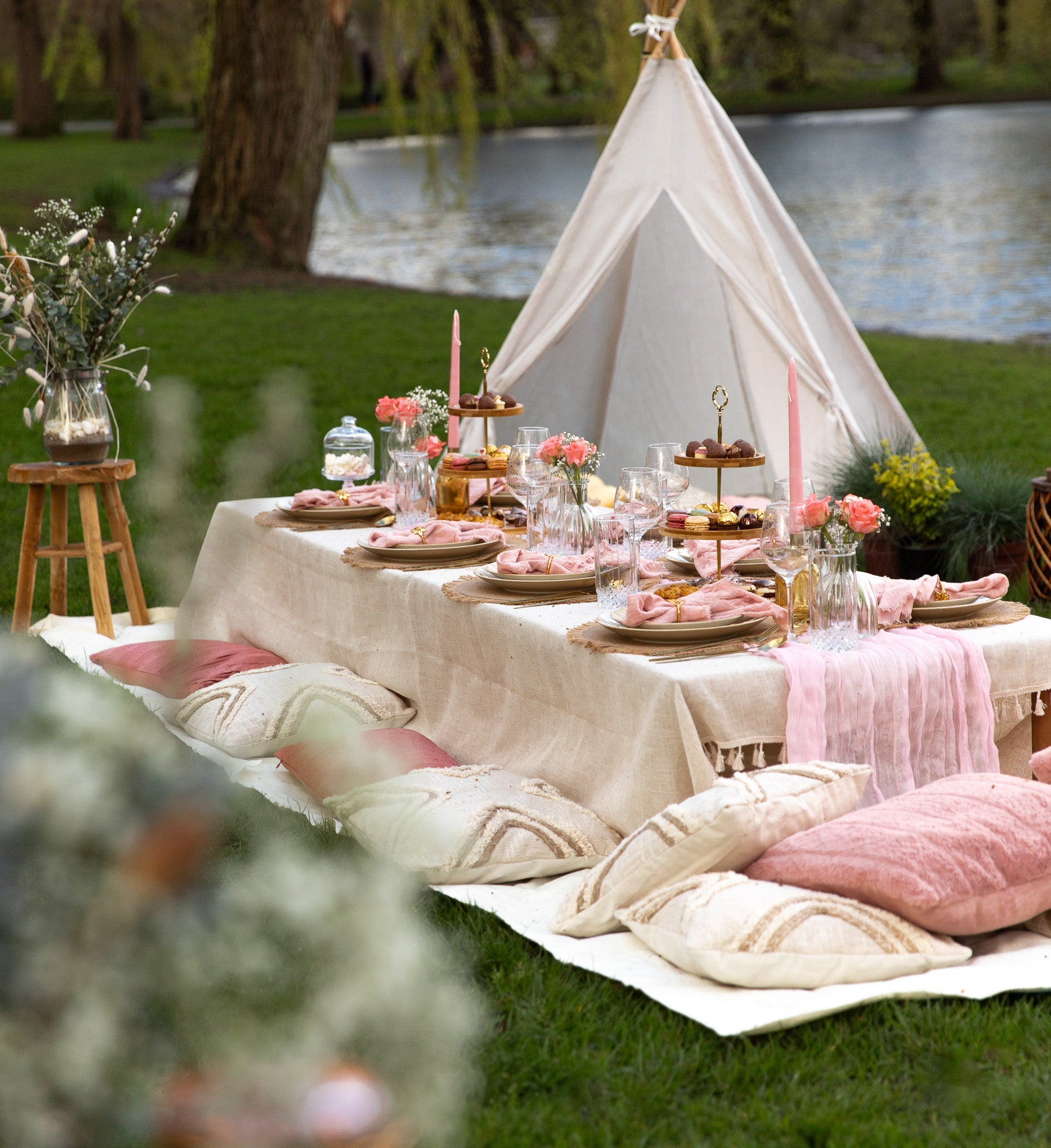 Pink picnic decoration in park, beige with pink details